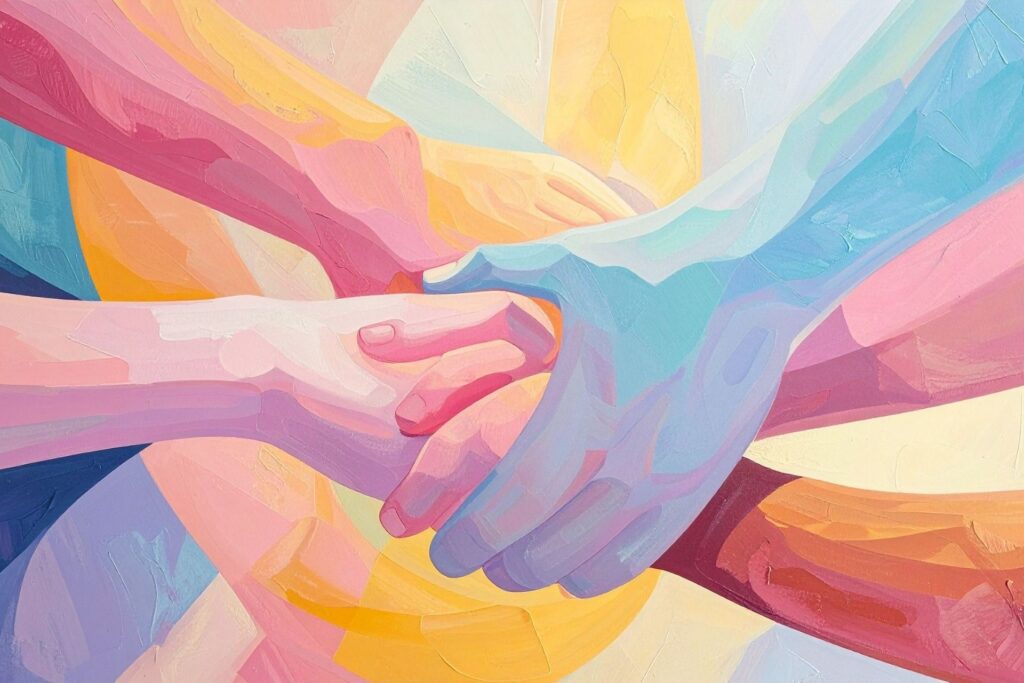 Abstraktes Ölgemälde in Pastelltönen, das mehrere ineinandergreifende Hände zeigt, die sich gegenseitig stützen und eine Gemeinschaft symbolisieren
